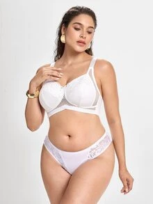 Slumbrini Plus Size Women Comfortable Wireless Lace Patchwork Bra - White - View 3