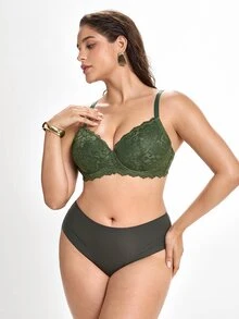 Slumbrini MIMILEMON Green Plus Size Women's Lace Underwire Seamless Lingerie Bra With Full Coverage, Wire-Free Support, Breathable, Daily Wear Seamless Lingerie Bra, Lift - Green - View 4