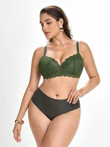 Slumbrini MIMILEMON Green Plus Size Women's Lace Underwire Seamless Lingerie Bra With Full Coverage, Wire-Free Support, Breathable, Daily Wear Seamless Lingerie Bra, Lift - Green - View 8