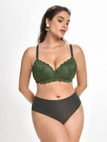 Slumbrini MIMILEMON Green Plus Size Women's Lace Underwire Seamless Lingerie Bra With Full Coverage, Wire-Free Support, Breathable, Daily Wear Seamless Lingerie Bra, Lift - Green - View 5