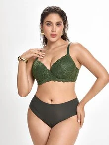 Slumbrini MIMILEMON Green Plus Size Women's Lace Underwire Seamless Lingerie Bra With Full Coverage, Wire-Free Support, Breathable, Daily Wear Seamless Lingerie Bra, Lift - Green - View 3
