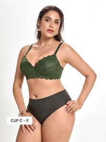 Slumbrini MIMILEMON Green Plus Size Women's Lace Underwire Seamless Lingerie Bra With Full Coverage, Wire-Free Support, Breathable, Daily Wear Seamless Lingerie Bra, Lift - Green - View 1