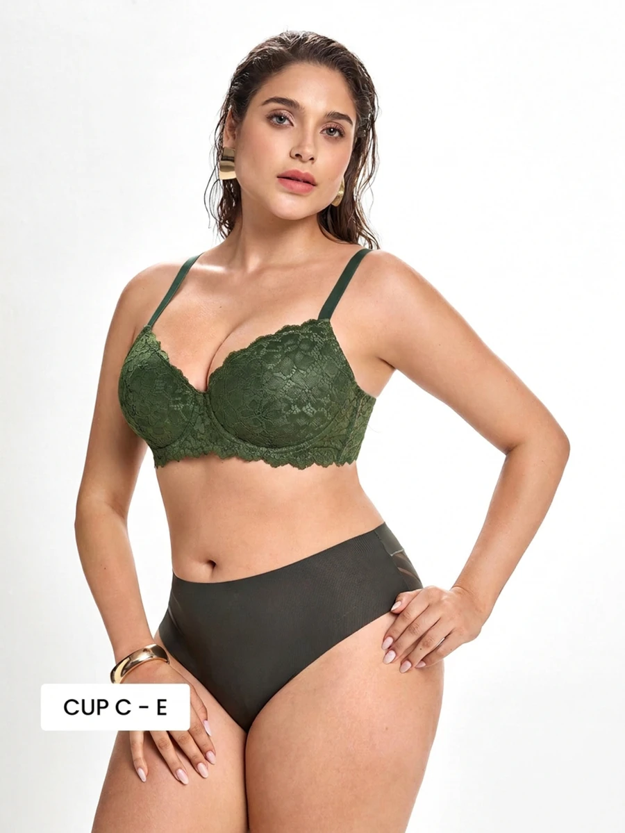Slumbrini MIMILEMON Green Plus Size Women's Lace Underwire Seamless Lingerie Bra With Full Coverage, Wire-Free Support, Breathable, Daily Wear Seamless Lingerie Bra, Lift - Green - View 1