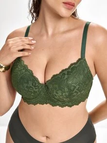 Slumbrini MIMILEMON Green Plus Size Women's Lace Underwire Seamless Lingerie Bra With Full Coverage, Wire-Free Support, Breathable, Daily Wear Seamless Lingerie Bra, Lift - Green - View 6