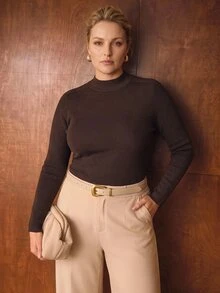 MOTF PREMIUM PLUS SIZE WOMEN'S COMMUTER VERSATILE SOLID COLOR STAND COLLAR SLIM FIT SWEATER - Brown - View 7