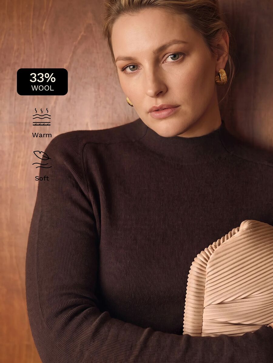 MOTF PREMIUM PLUS SIZE WOMEN'S COMMUTER VERSATILE SOLID COLOR STAND COLLAR SLIM FIT SWEATER - Brown - View 1