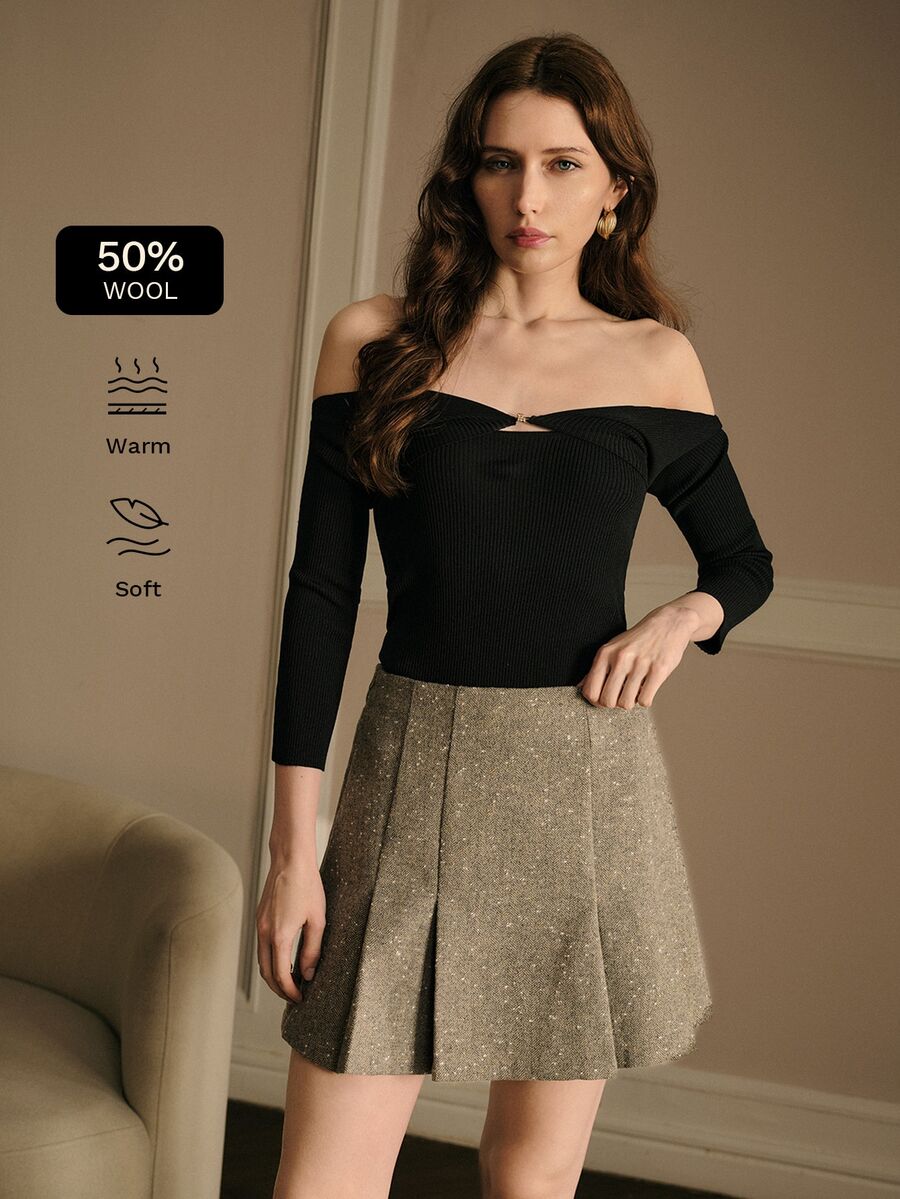 MOTF PREMIUM WOMEN HERRINGBONE PATTERN ZIPPER SIDE FOLD PLEATED SKIRT