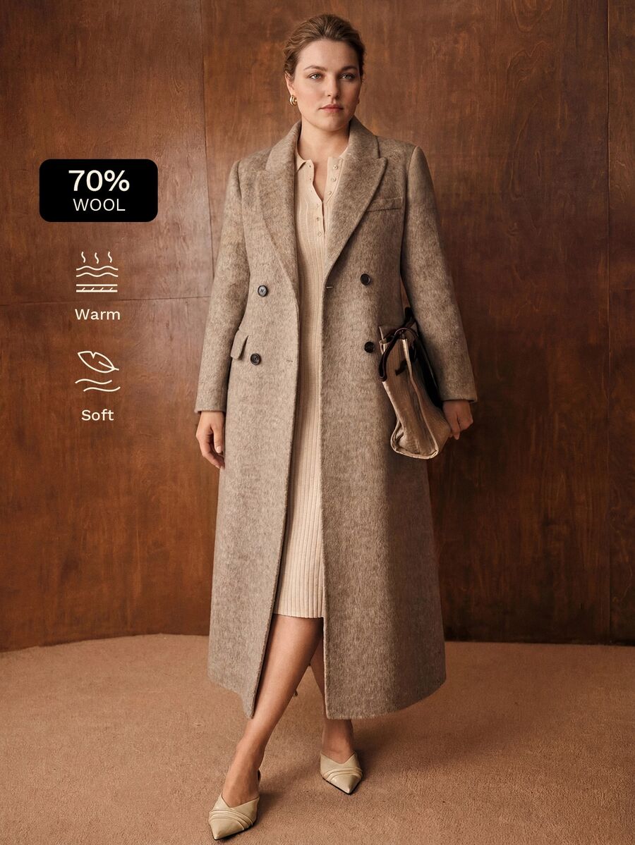 MOTF PREMIUM PLUS SIZE WOMEN'S AUTUMN/WINTER NEW WOOL WIDE SHOULDER DOUBLE-BREASTED OVERCOAT - Brown - View 1