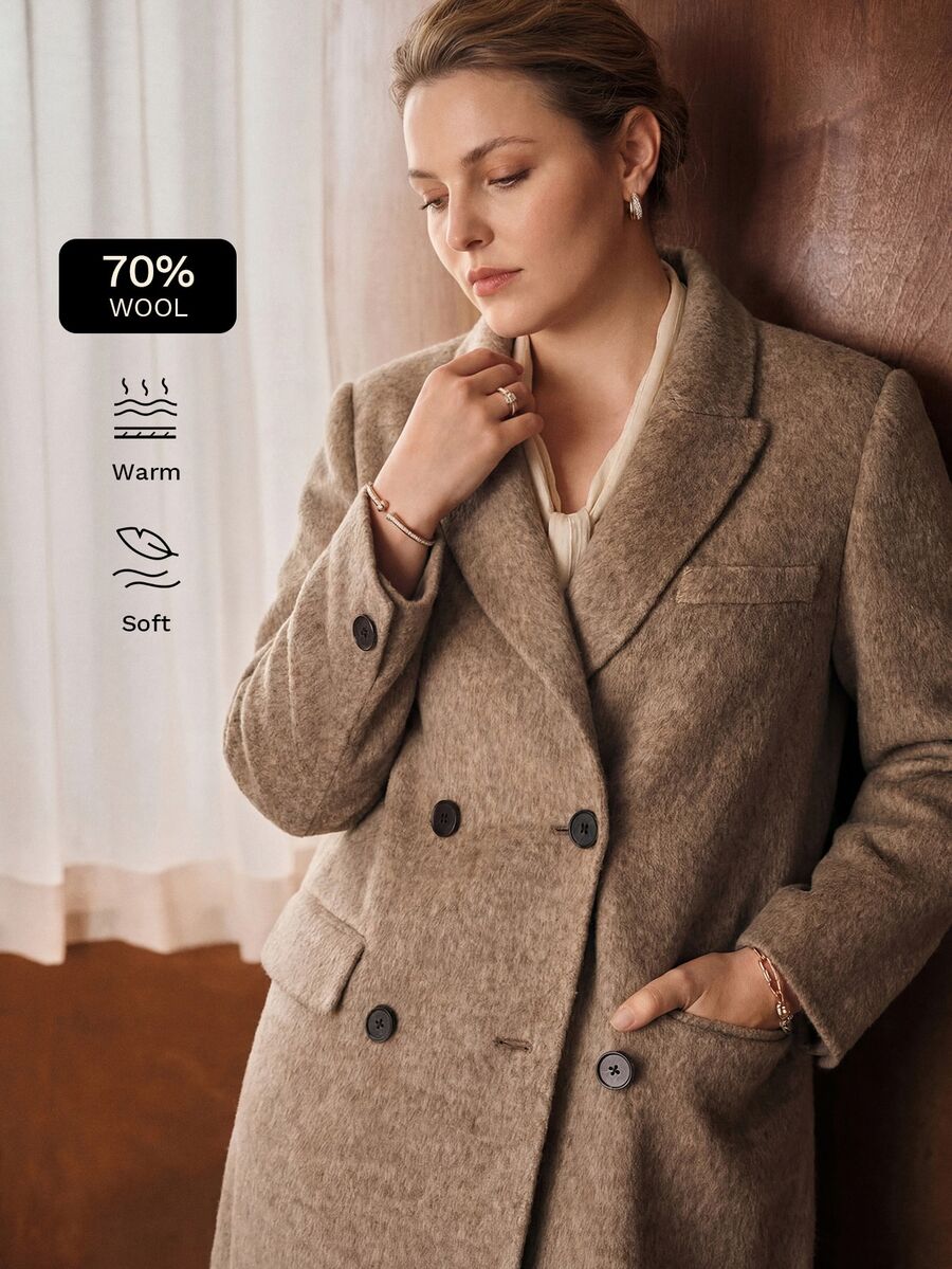 MOTF PREMIUM PLUS SIZE WOMEN'S AUTUMN/WINTER NEW WOOL WIDE SHOULDER DOUBLE-BREASTED OVERCOAT - Brown - View 2