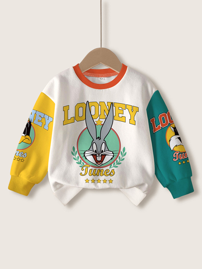 LOONEY TUNES X SHEIN Young Boys Cartoon Print Colorblock Crew Neck Long Sleeve Sweatshirt