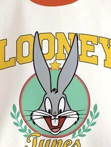 LOONEY TUNES X SHEIN 小男孩卡通印花撞色圓領長袖運動衫 - 白色 - 查看 4