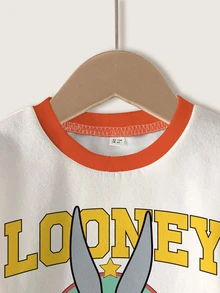 LOONEY TUNES X SHEIN 小男孩卡通印花撞色圓領長袖運動衫 - 白色 - 查看 3