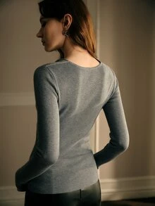 MOTF PREMIUM METAL BUCKLE DECOR SLIM FIT KNIT TOP - Grey - View 6