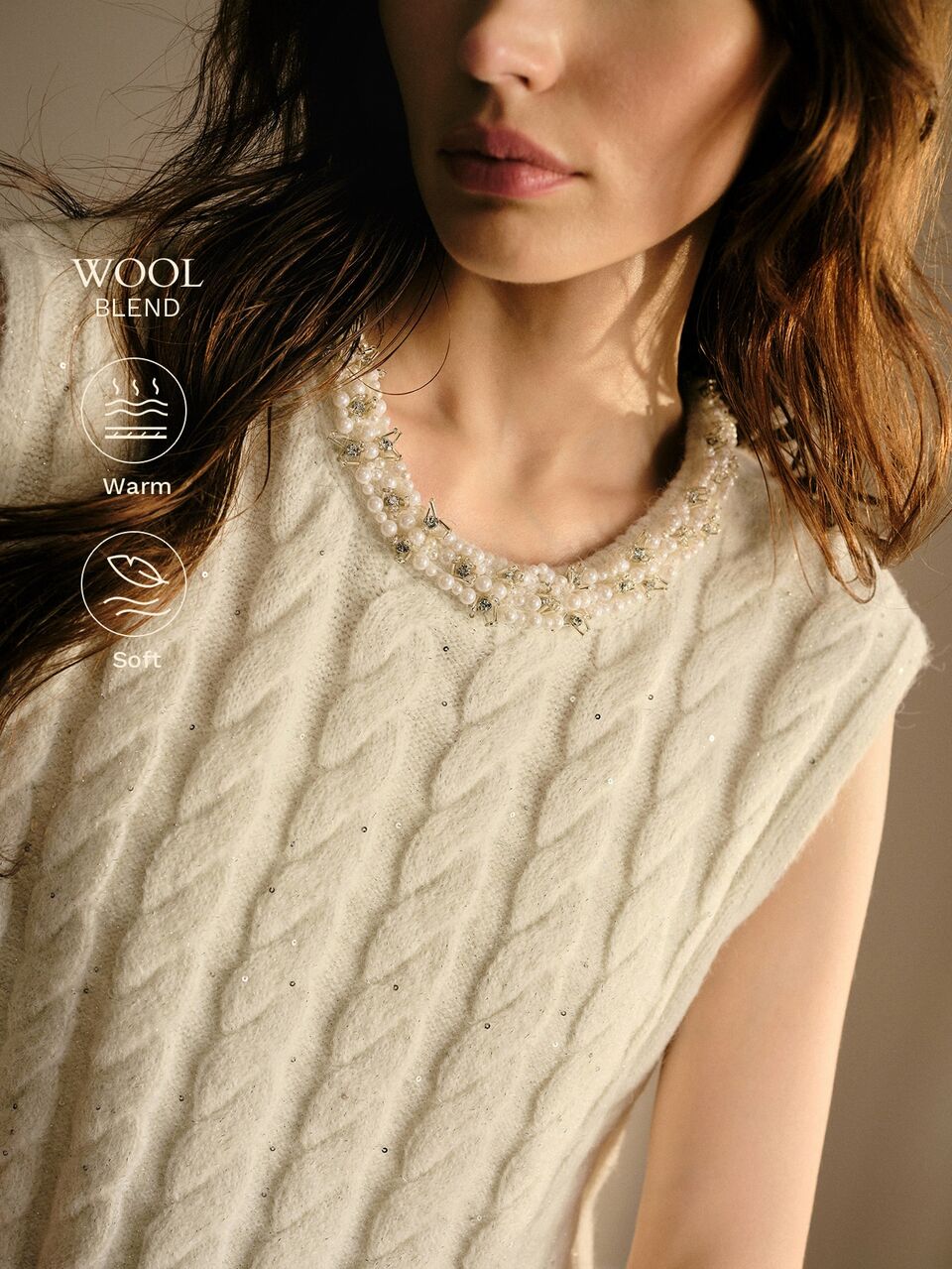 MOTF WOMEN FAUX PEARLS AND RHINESTONE DETAIL TIE BACK CABLE KNIT SWEATER VEST