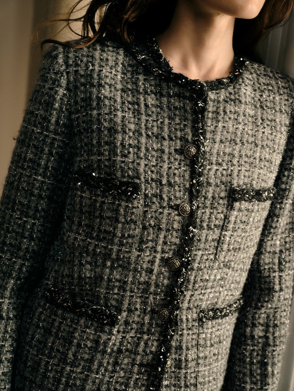 MOTF WOMEN'S ELEGANT TWEED PLAID PATCHWORK RIBBON TRIM CROPPED OVERCOAT