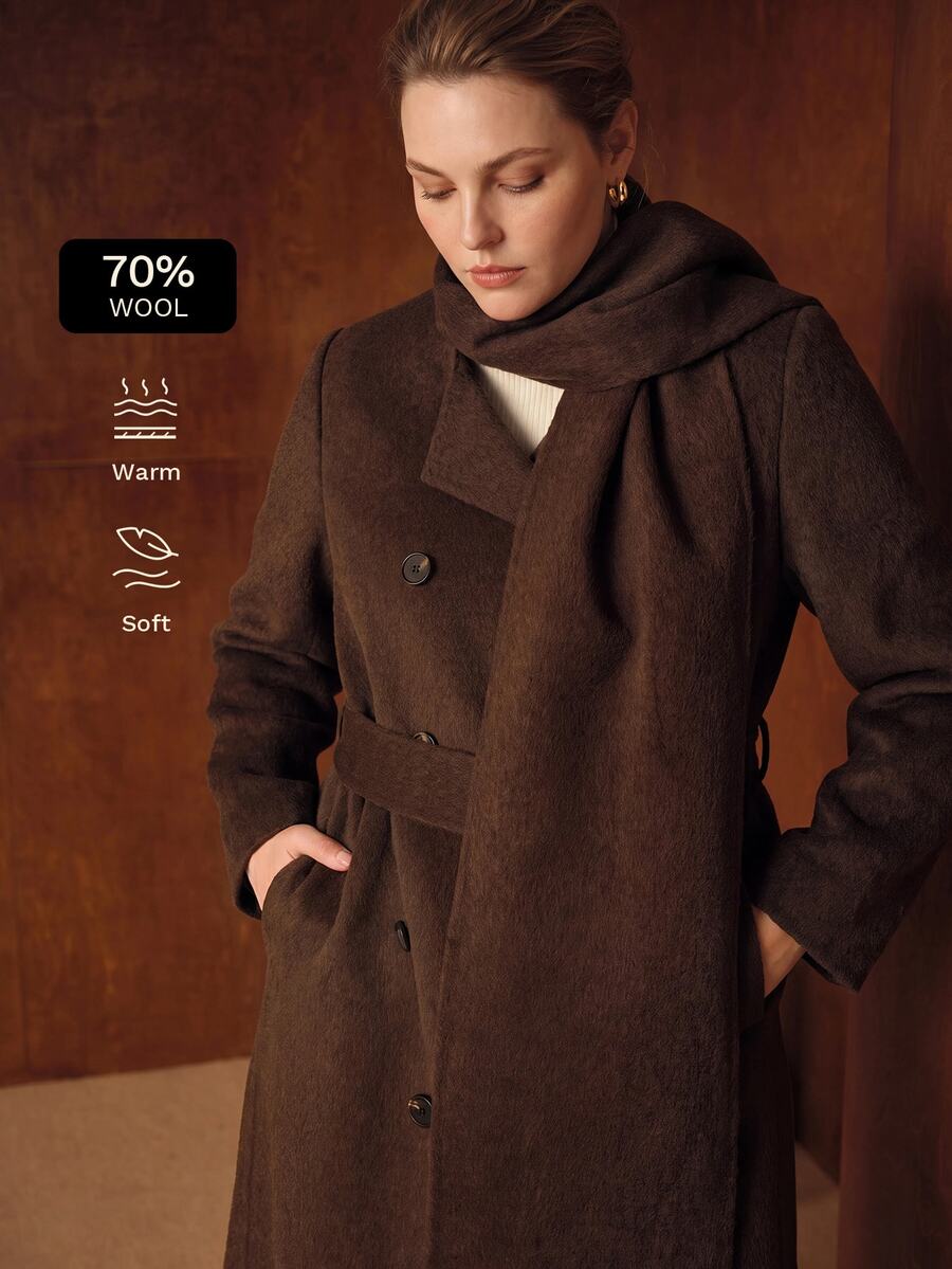 MOTF PREMIUM WOMEN'S PLUS SIZE AUTUMN/WINTER LONG DOUBLE-BREASTED COLLARLESS WOOL OVERCOAT WITH SCARF - Coffee Brown - View 2