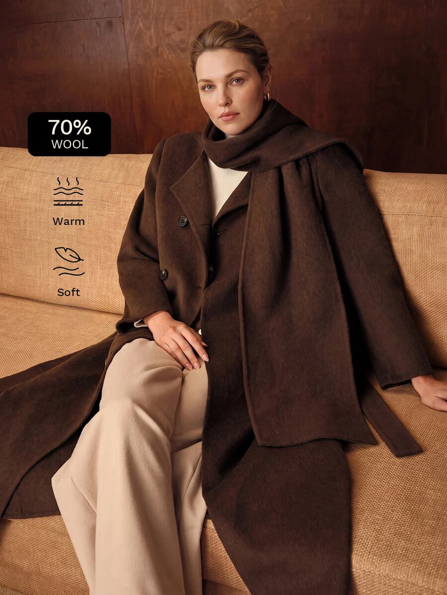 MOTF PREMIUM WOMEN'S PLUS SIZE AUTUMN/WINTER LONG DOUBLE-BREASTED COLLARLESS WOOL OVERCOAT WITH SCARF - Coffee Brown - View 1