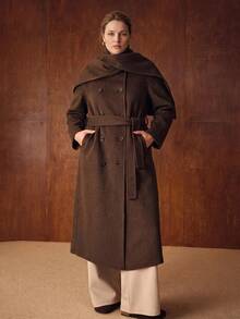 MOTF PREMIUM WOMEN'S PLUS SIZE AUTUMN/WINTER LONG DOUBLE-BREASTED COLLARLESS WOOL OVERCOAT WITH SCARF - Coffee Brown - View 3