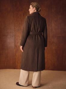 MOTF PREMIUM WOMEN'S PLUS SIZE AUTUMN/WINTER LONG DOUBLE-BREASTED COLLARLESS WOOL OVERCOAT WITH SCARF - Coffee Brown - View 6