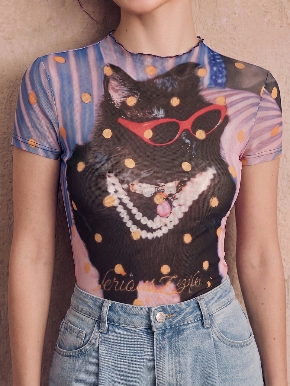 Autumn/Winter New Elegant Fashion Casual Party Outing Holiday Cat Polka Dot Print Elastic Slim Fit Women's Top