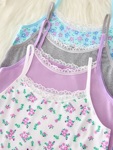 4件組大女孩冬季紫色灰色開學內搭背心，花卉印花蕾絲飾邊無袖柔軟針織底層背心上衣 - 彩色 - 查看 4