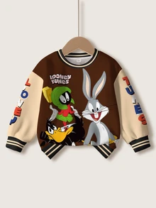 LOONEY TUNES X SHEIN 男童休闲日常通勤可爱卡通字母印花撞色落肩宽松套头卫衣，秋/春季款 - 白色 - 查看 1