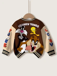 LOONEY TUNES X SHEIN 男童休闲日常通勤可爱卡通字母印花撞色落肩宽松套头卫衣，秋/春季款 - 白色 - 查看 2