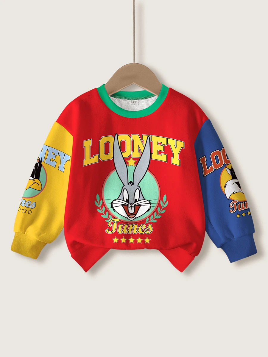 LOONEY TUNES X SHEIN 小男孩卡通印花長袖運動衫 - 白色 - 查看 1