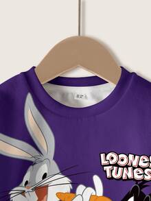 LOONEY TUNES X SHEIN 小男孩圓領撞色字母卡通印花休閒百搭日常穿搭運動衫 - 白色 - 查看 3