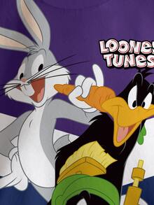LOONEY TUNES X SHEIN 小男孩圓領撞色字母卡通印花休閒百搭日常穿搭運動衫 - 白色 - 查看 5
