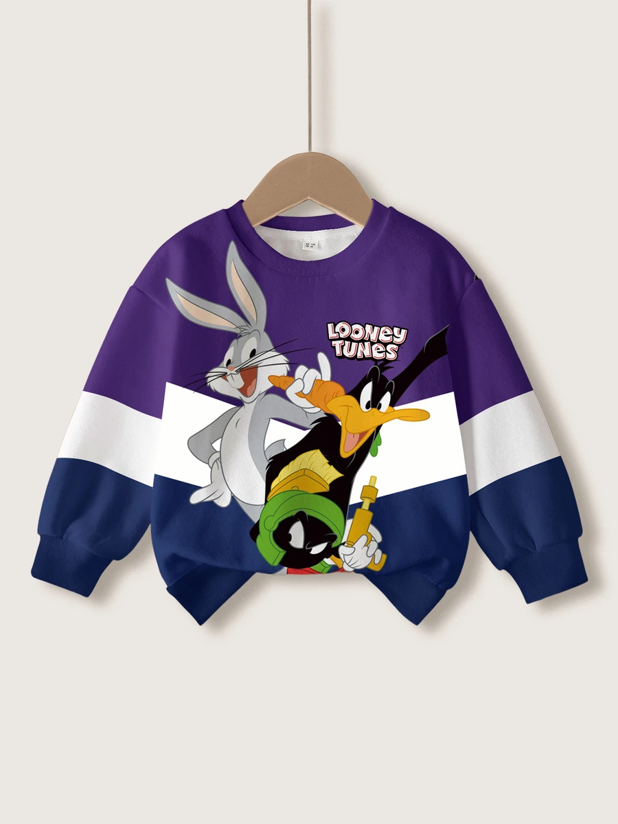 LOONEY TUNES X SHEIN 小男孩圓領撞色字母卡通印花休閒百搭日常穿搭運動衫 - 白色 - 查看 1