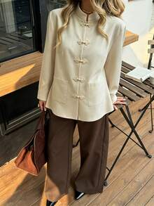 Selianne Spring/Autumn European & American Niche Zen Style Apricot Modified Tang Suit Jacket, Vintage One-Character Frog Button Stand Collar Casual Commute Regular Fit Outerwear - Apricot - View 8