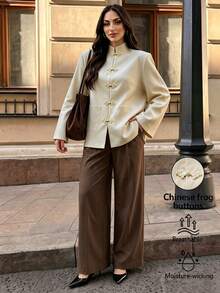 Selianne Spring/Autumn European & American Niche Zen Style Apricot Modified Tang Suit Jacket, Vintage One-Character Frog Button Stand Collar Casual Commute Regular Fit Outerwear - Apricot - View 3