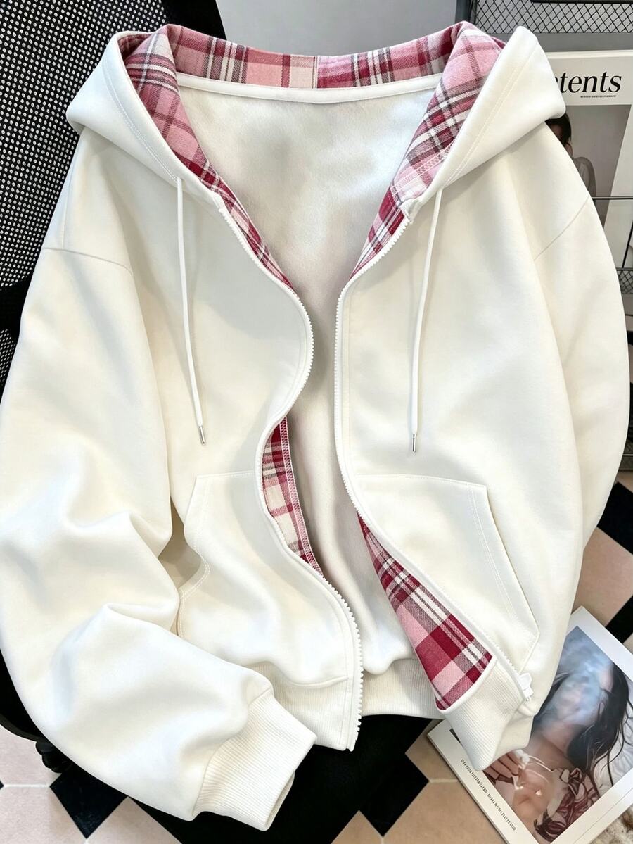 Resyla 女款外套上衣,秋冬新款,戶外休閒運動套裝,白色,圖案,粉色格紋,女款雙層拉鍊連帽衛衣,女款雙層連帽衛衣 - 白色 - 查看 1