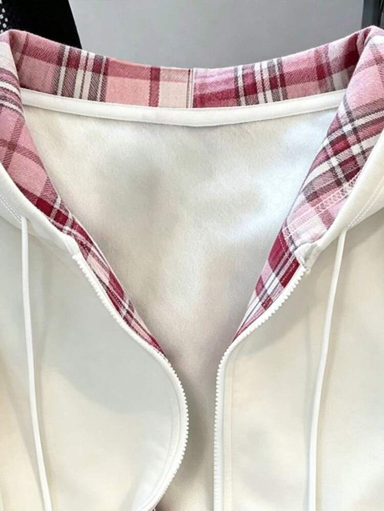 Resyla Women's Outerwear Top, Autumn/Winter New Style, Outdoor Casual Sports Outfit, White, Pattern, Pink Plaid, Women's Double Layer Zipper Hooded Sweatshirt, Women's Double Layer Hooded Sweatshirt - White - View 3