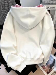 Resyla 女款外套上衣，秋冬新款，戶外休閒運動套裝，白色，圖案，粉色格紋，女款雙層拉鍊連帽衛衣，女款雙層連帽衛衣 - 白色 - 查看 2