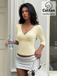 Aloruh Blue-Green V-Neck 3/4 Sleeve Slimming T-Shirt - Beige - View 5