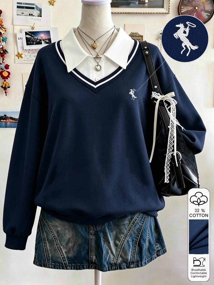 Lalippa Women's Fashionable Minimalist Embroidered Collared Contrast Color Sweatshirt, Gift For Friends - Navy Blue - View 1