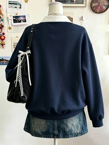 Lalippa Women's Fashionable Minimalist Embroidered Collared Contrast Color Sweatshirt, Gift For Friends - Navy Blue - View 2