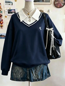 Lalippa Women's Fashionable Minimalist Embroidered Collared Contrast Color Sweatshirt, Gift For Friends - Navy Blue - View 3