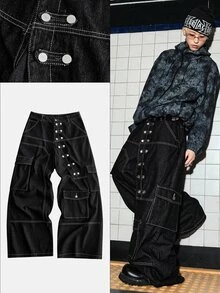 ROMWE MEN Men's Loose Fit Denim Jeans With Metal Button Decoration - Black - View 10
