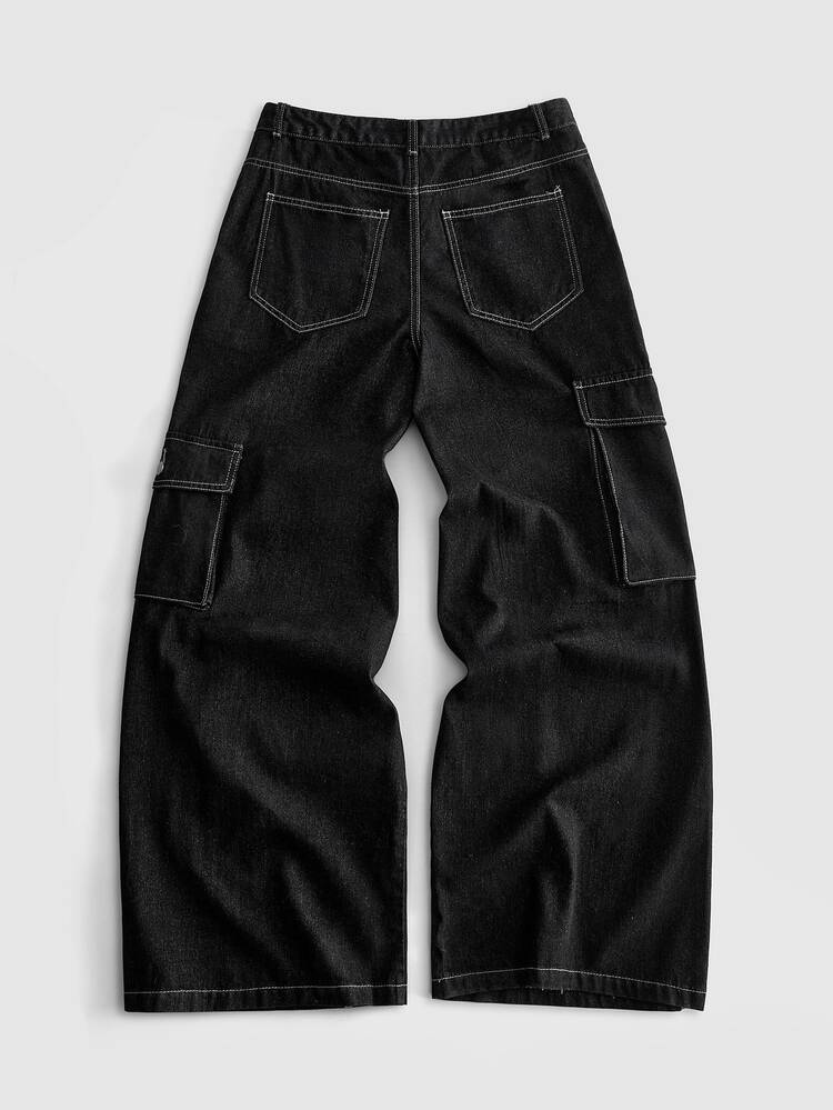 ROMWE MEN Jeans de mezclilla de corte holgado para hombre con decoración de botones metálicos - Negro - Añade 4