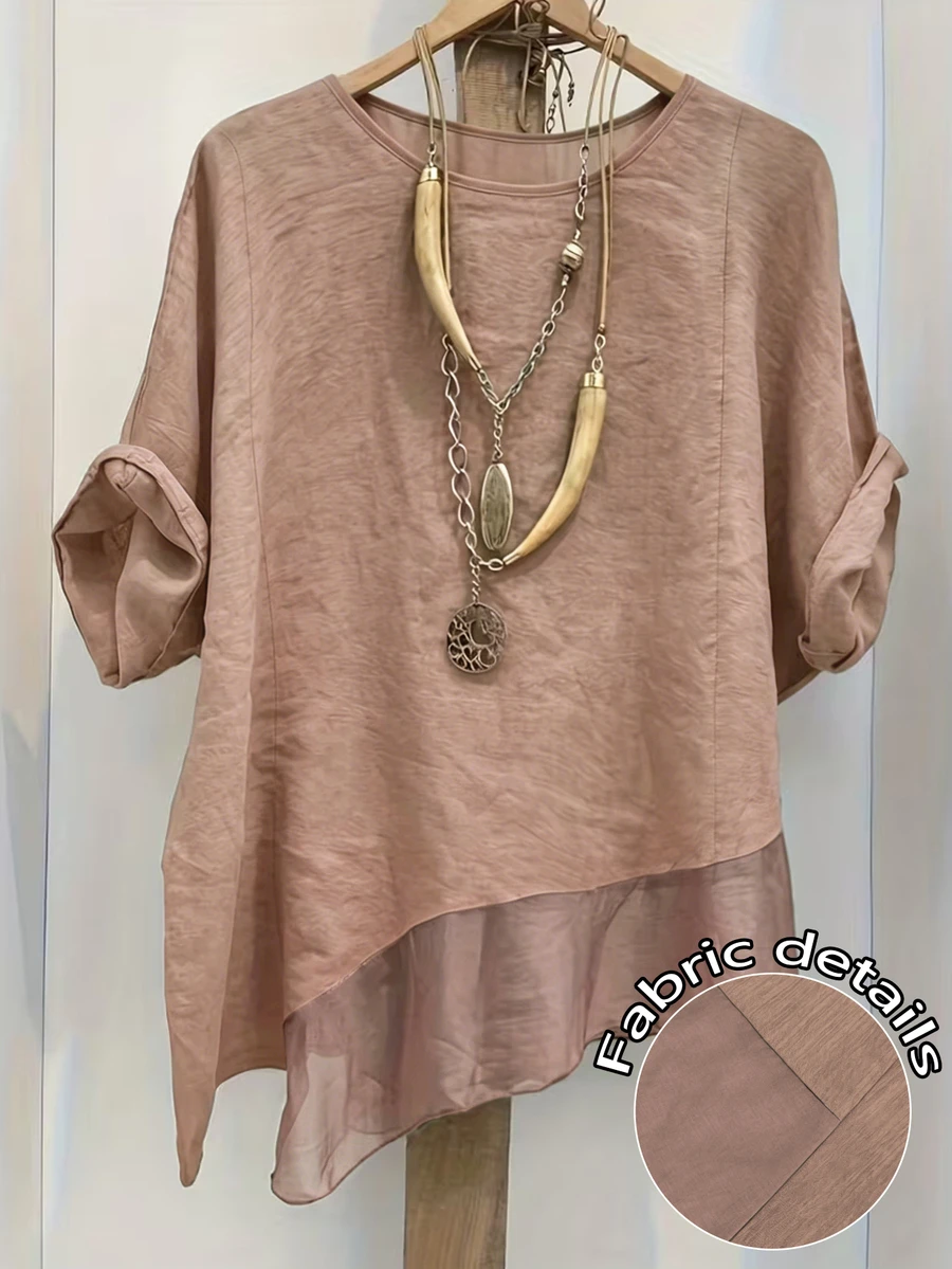 Linhara Spring/Summer Fashion Casual Resort Wear Simple Plus Size Crew Neck Solid Color Women's Shirt Plus Size Women's Beach Top - Pink - View 1