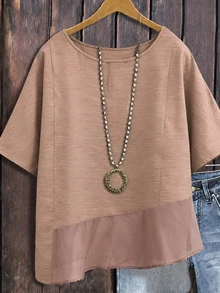 Linhara Spring/Summer Fashion Casual Resort Wear Simple Plus Size Crew Neck Solid Color Women's Shirt Plus Size Women's Beach Top - Pink - View 4