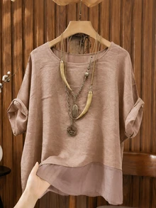 Linhara Spring/Summer Fashion Casual Resort Wear Simple Plus Size Crew Neck Solid Color Women's Shirt Plus Size Women's Beach Top - Pink - View 3