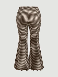 SHEIN MOD Plus Size Autumn Vintage Brown Houndstooth Flare Pants, Retro Casual, Daily Commute, Office Wear, Preppy Style, Versatile Pants For Autumn/Winter Fall - Brown - View 5