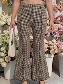 SHEIN MOD Plus Size Autumn Vintage Brown Houndstooth Flare Pants, Retro Casual, Daily Commute, Office Wear, Preppy Style, Versatile Pants For Autumn/Winter Fall - Brown - View 8