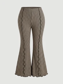 SHEIN MOD Plus Size Autumn Vintage Brown Houndstooth Flare Pants, Retro Casual, Daily Commute, Office Wear, Preppy Style, Versatile Pants For Autumn/Winter Fall - Brown - View 2