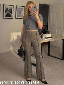 SHEIN MOD Plus Size Autumn Vintage Brown Houndstooth Flare Pants, Retro Casual, Daily Commute, Office Wear, Preppy Style, Versatile Pants For Autumn/Winter Fall - Brown - View 6