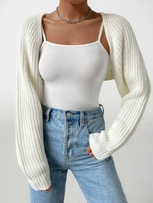 SHEIN Balletcore 羅紋針織落肩袖短版開襟外套，不含內搭背心，針織毛衣，秋季小碼女款，返校日常穿搭，白色 - 白色 - 查看 9